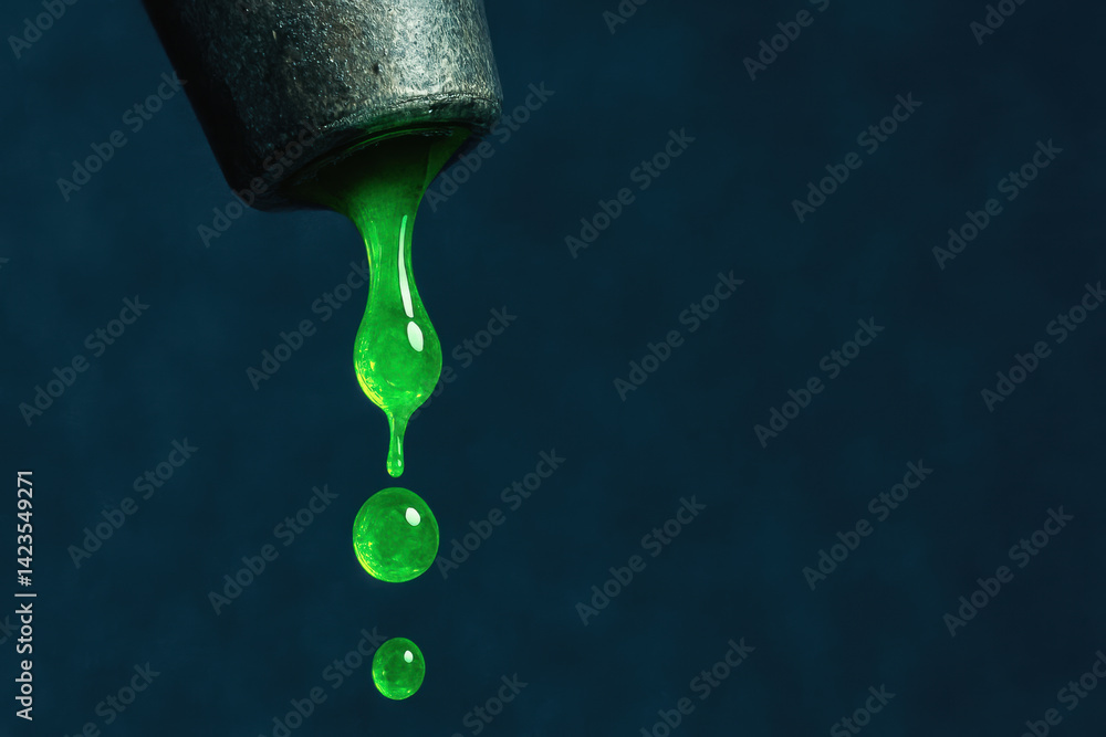 Poster dripping green liquid from metallic spout creates captivating scene in workshop setting