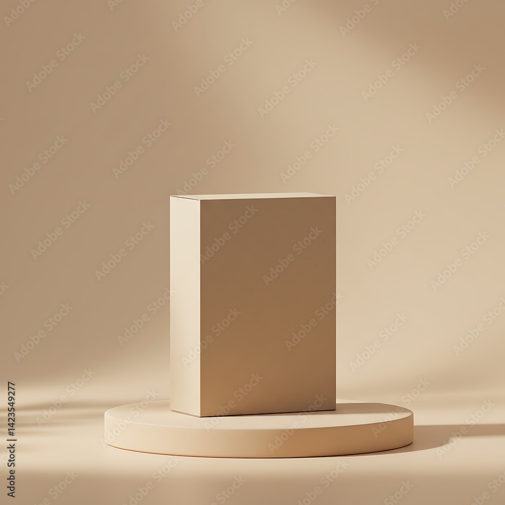 Poster product display box on round platform in neutral studio setting