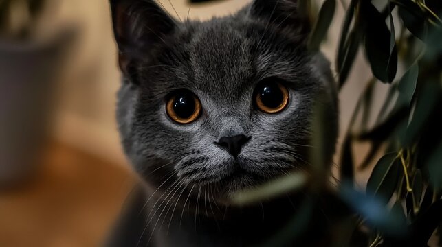 Playful gray cat among plants indoor setting pet photography cozy atmosphere close-up view feline charm