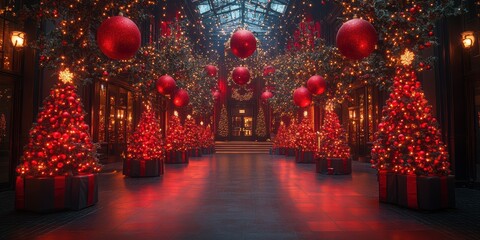 a festive setting for a club, lights on trees stylized and lush decorations, staged and dramatic, Christmas theatre generated  by AI.