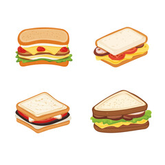 A Simple flat 2D icon, breakfast sandwich set isolated on a transparent background, vector, flat design, animation design, simple flat 2D icon, minimalist design, clipart, illustration