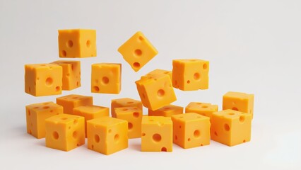 Obraz premium Close-up of numerous cube-shaped yellow pieces of cheese, possibly cheddar or a similar type.