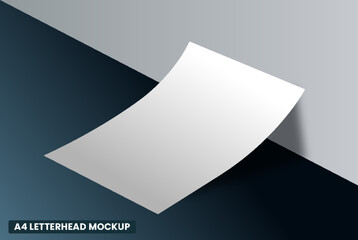 white sheet a4 isolated on blue background with shadows. Mockup design. 
