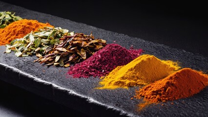 Vibrant colors of various spices and herbs on a table.