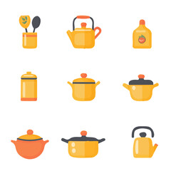A Simple flat 2D icon, set of kitchen utensils isolated on a transparent background, vector, flat design, animation design, simple flat 2D icon, minimalist design, clipart, illustration