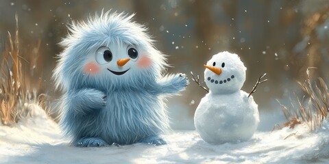 A friendly yeti building a snowman with frosted fur and a joyful expression generated  by AI.