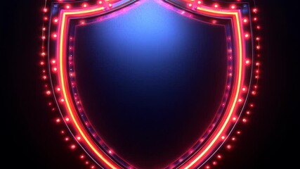 Neon shield emblem, dark background, security concept, website banner