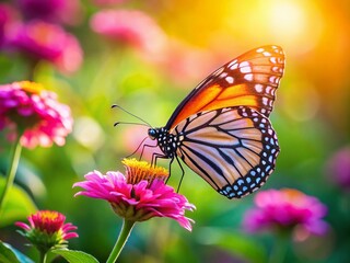 Obraz premium Panoramic View of Butterfly on Delicate Pink Flower