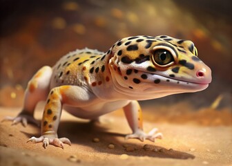 Panoramic View of a Stunning Leopard Gecko, Vibrant Colors, Detailed Texture, Desert Habitat Background