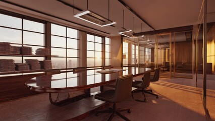 Naklejka premium A well-lit modern office with sleek furniture, reflective windows and a spacious layout.