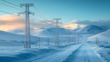 Snowy mountain road with power lines winter landscape