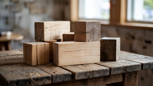 Wooden blocks arranged on a rustic table in a cozy space illuminated by natural light.