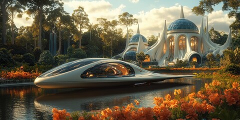 A futuristic flying vehicle with a sleek, reflective black design hovering over an idyllic utopian garden generated by AI.