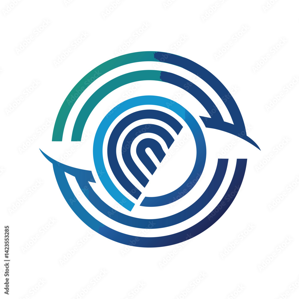Poster simple logo design featuring a biometric authentication symbol surrounded by a circular maze, illust