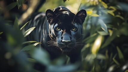 Black Panther Staring Through Jungle Foliage with Intense Gaze