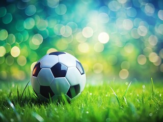 Fototapeta premium Panoramic Soccer Ball on Lush Green Grass with Bokeh Background - Copy Space for Text