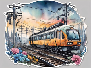 Watercolor Train on the Railroad - Rail Transport on Flower Landscape Sticker
