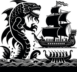 Sea Monster Leviathan A Greek inspired Leviathan attacking a trireme warship