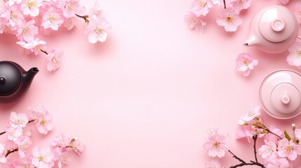 Fototapeta premium Cherry Blossom Tea Party: Delicately arranged cherry blossoms frame a pastel tea set, inviting a moment of tranquility.