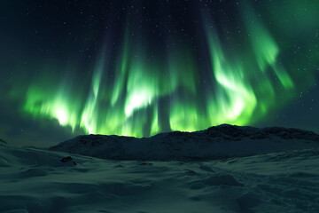 Naklejka premium Stunning Northern Lights Over Frozen Landscape Reflecting in Icy Waters at the Polar Night, Generative AI