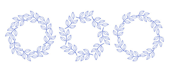 Mediterranean blue branches circle frame set. Hand drawn round line border, leaves and flowers, wedding invitation and cards, logo design and posters template. Elegant minimal style floral set