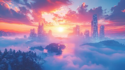 A futuristic metropolis, a symphony of chrome and glass, bathed in a breathtaking sunset, where towering structures pierced the sky, their surfaces pulsating with vibrant digital networks and 