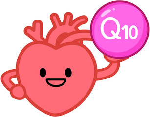 Cartoon heart organ icon - happy heart holding Q10