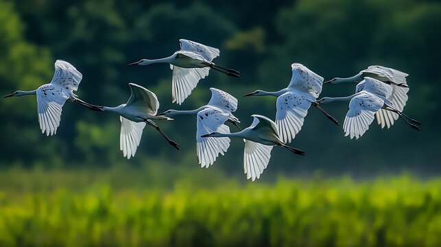 Whooping Cranes Flock Flying Across Green Field - Wildlife Migration Concept