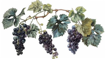 Obraz premium Botanical illustration of a Grenache Noir grapevine, showcasing clusters of ripe, dark purple grapes hanging from a winding brown stem adorned with textured, variegated green leaves