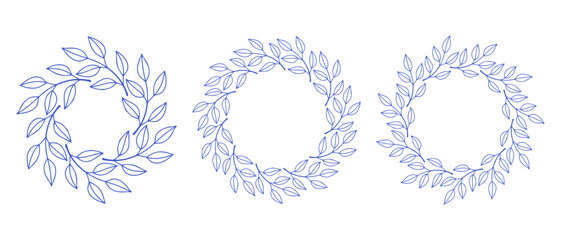 Mediterranean blue branches circle frame set. Hand drawn round line border, leaves and flowers, wedding invitation and cards, logo design and posters template. Elegant minimal style floral set