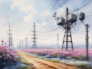Dystopian Future Suburban Landscape Rural Area with Flowers Watercolor Concept Art