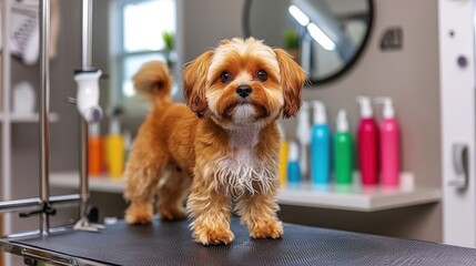 Dog grooming session pet salon animal care indoor close-up playfulness and pampering