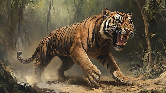 Roaring Tiger Striding Through Jungle Undergrowth with Open Mouth Showing Fangs