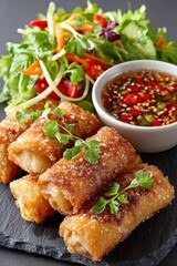 Crispy Golden Spring Rolls with Salad and Dipping Sauce