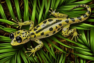 Fototapeta premium Detailed illustration of a speckled lizard on tropical foliage.