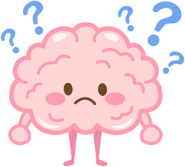 Cartoon brain illustration - a brain with many doubts and questions