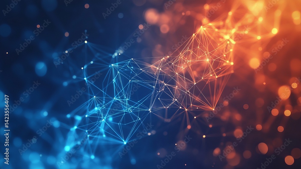 Poster abstract digital network connection orange blue technology background web dots dark data mesh lines