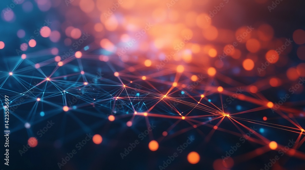 Poster abstract network connections digital technology orange blue lines web data grid mesh link dark nodes