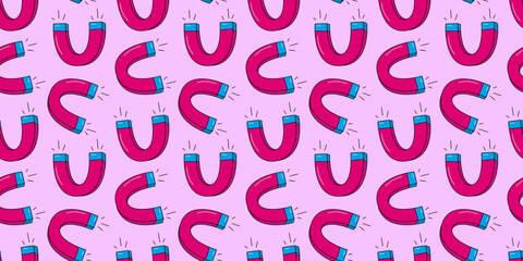Fun and colorful seamless pattern with cartoon style magnets on pink background. Ideal for playful designs, stationery, prints, or creative educational materials.