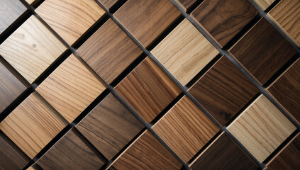 A close-up of a wooden surface with a geometric diamond pattern in varying shades of brown.