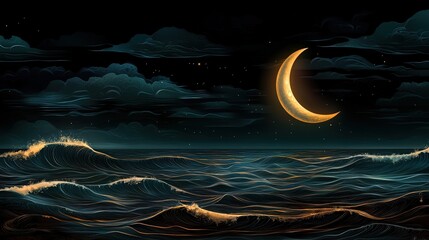 Moonlit waves ocean vista digital art nighttime serenity aesthetic viewpoint nature's beauty
