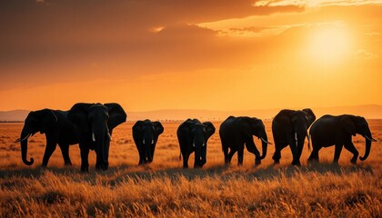 Fototapeta premium Majestic silhouette of african elephants during sunset golden light ambiance