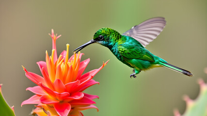 Fototapeta premium Pretty Malachite Sunbird feeding on an Aloe Flower Generative AI