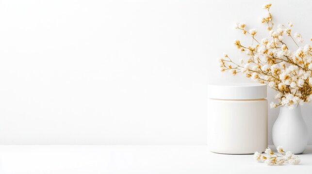 Elegant skincare product presentation, featuring a blank cream jar and delicate dried flowers, against a crisp white background - Powered by Adobe