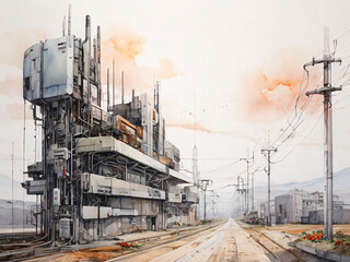 Dystopian Future Suburban Landscape Rural Area with Flowers Watercolor Concept Art