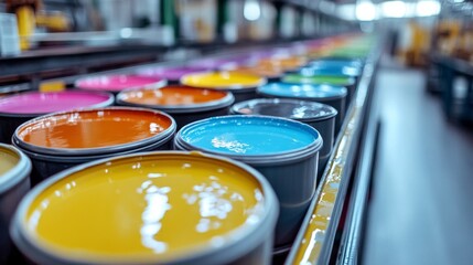 Chemical components are being mixed and processed along the production line into various adhesives and sealants in a manufacturing facility, showcasing vibrant colors.