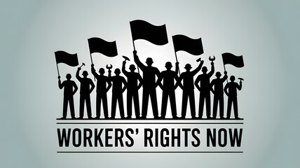 Group of workers holding flags and tools, united for rights, bold silhouettes, minimal background, vector style, black and white