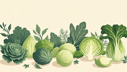 Vibrant illustration of various green cabbages and leafy vegetables on a light background, healthy concept
