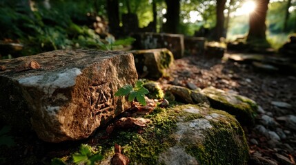 Fototapeta premium Lush Green Moss and Leaf Textures on Sunlit Bedrock – Expedition-Inspired Visual for Eco-Tourism Branding and Wellness Campaigns