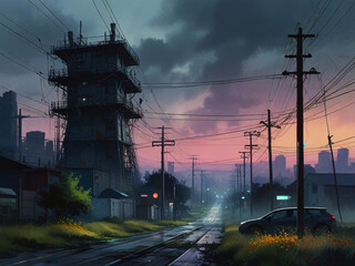 Dystopian Future Suburban Landscape Rural Area with Flowers Watercolor Concept Art